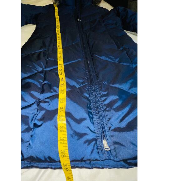 Lands' End Long Down Puffer Coat - Size S (6-8) - Vibrant Blue w/ Faux Fur Hood - Picture 10 of 12